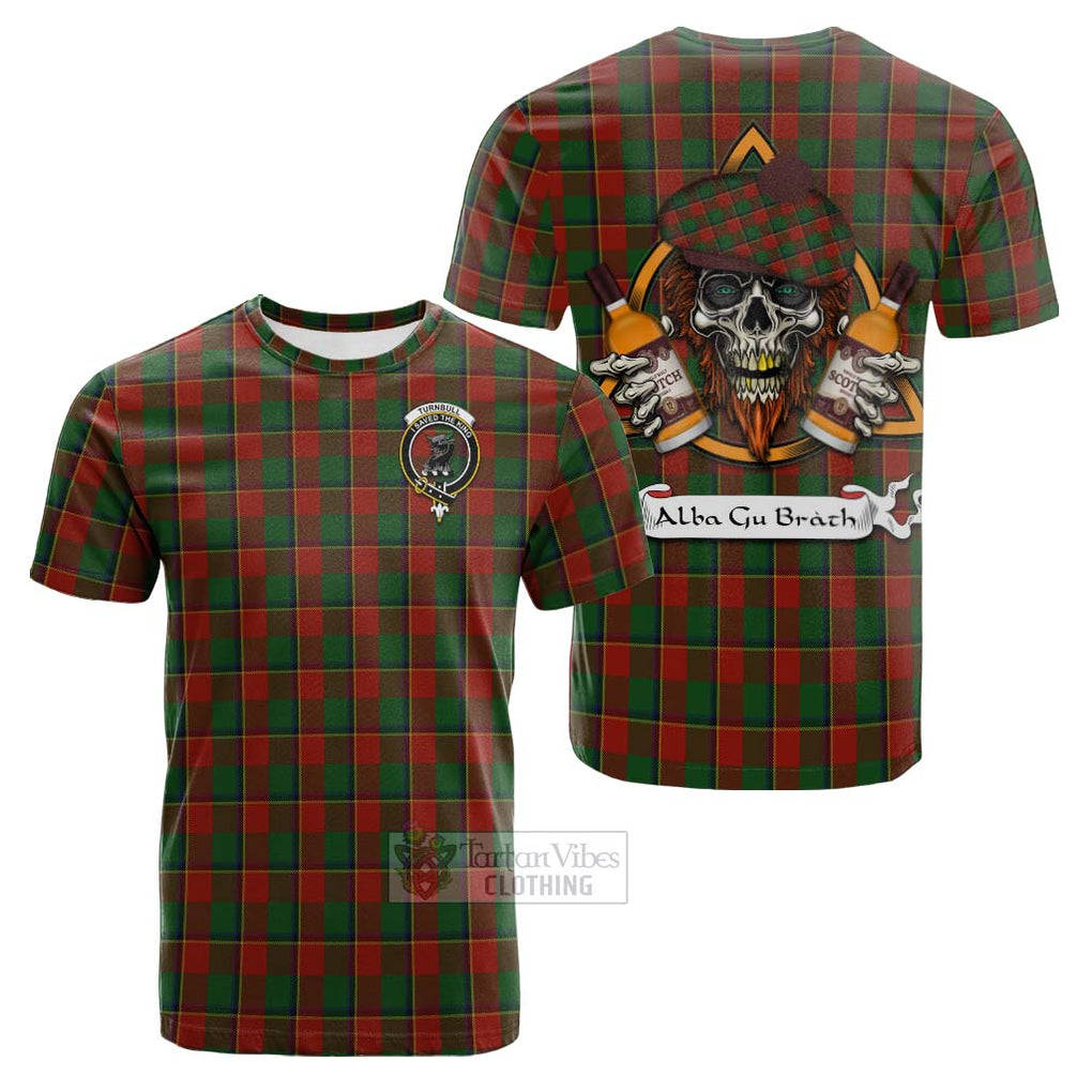 Tartan Vibes Clothing Turnbull Tartan Cotton T-shirt with Family Crest and Bearded Skull Holding Bottles of Whiskey