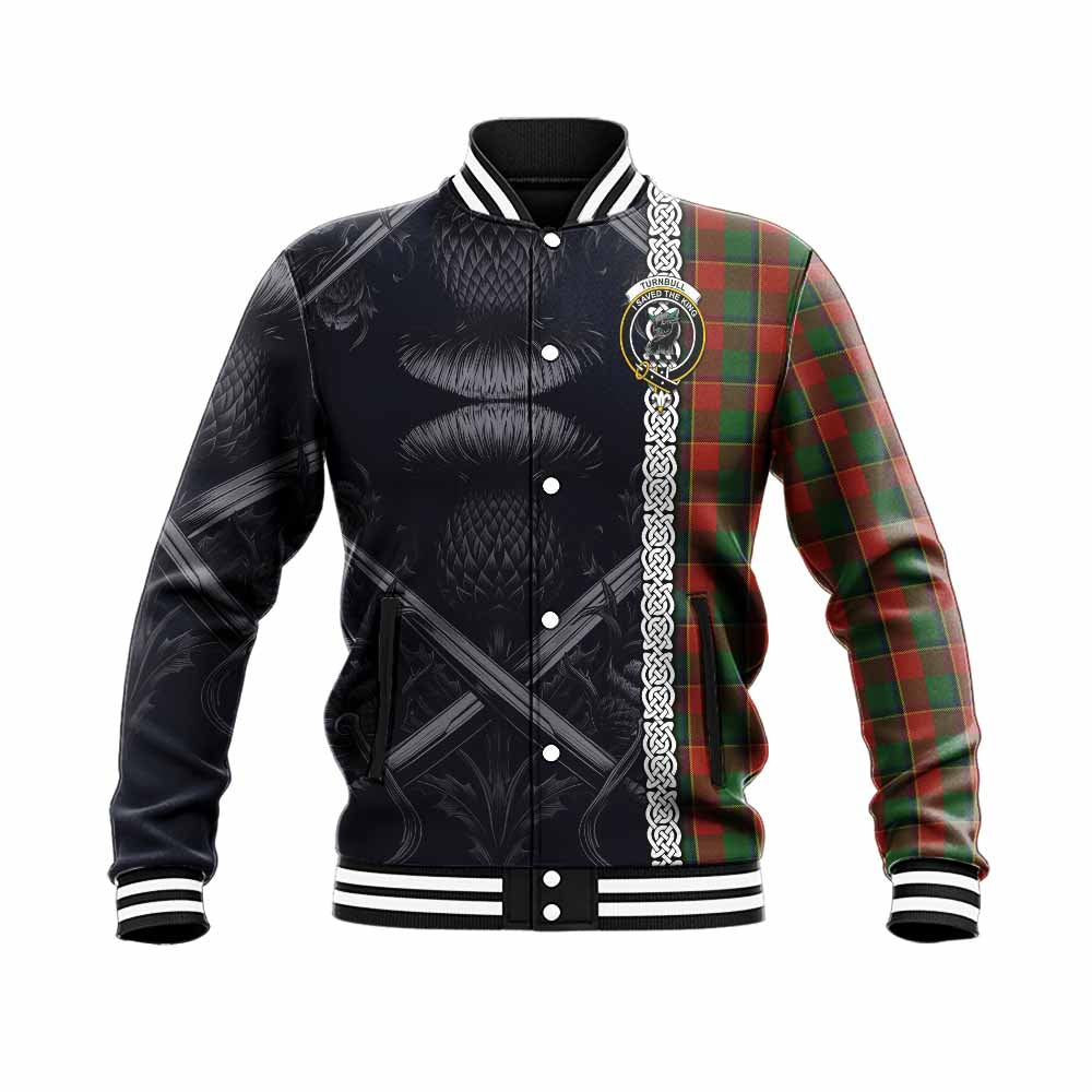 Tartan Vibes Clothing Turnbull Tartan Baseball Jacket with Family Crest Cross Sword Thistle Celtic Vibes