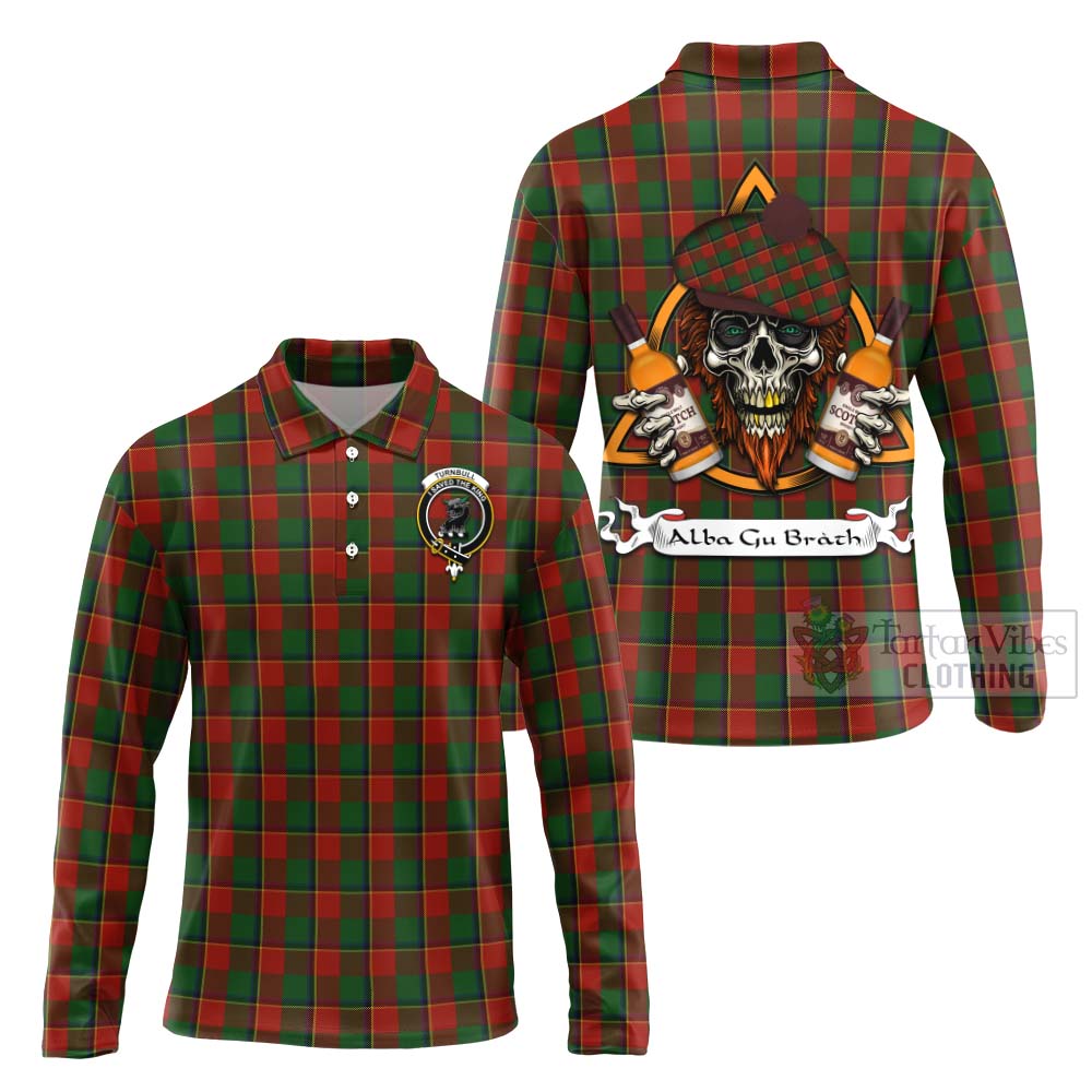 Tartan Vibes Clothing Turnbull Tartan Long Sleeve Polo Shirt with Family Crest and Bearded Skull Holding Bottles of Whiskey