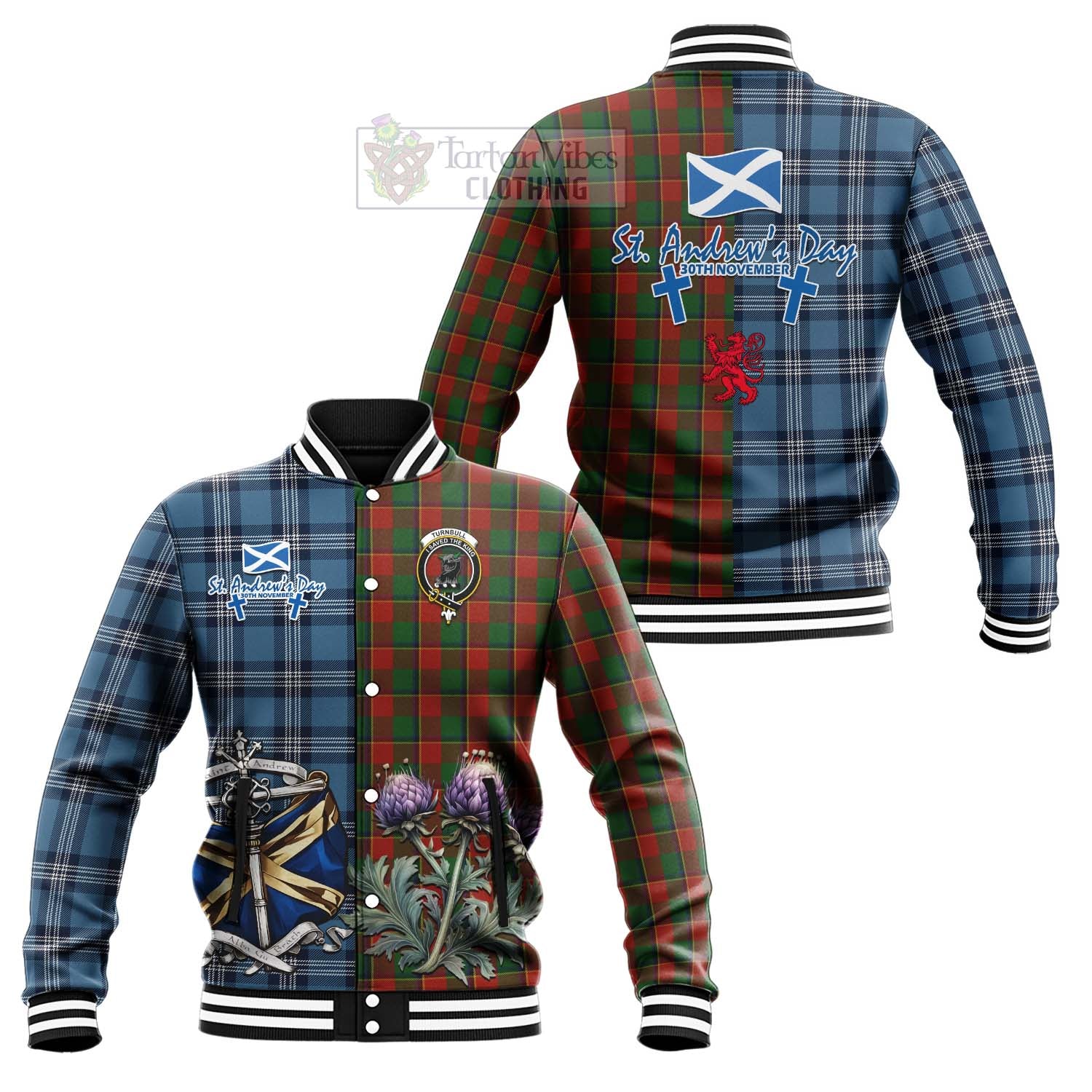 Tartan Vibes Clothing Turnbull Tartan Baseball Jacket Happy St. Andrew's Day Half Tartan Style