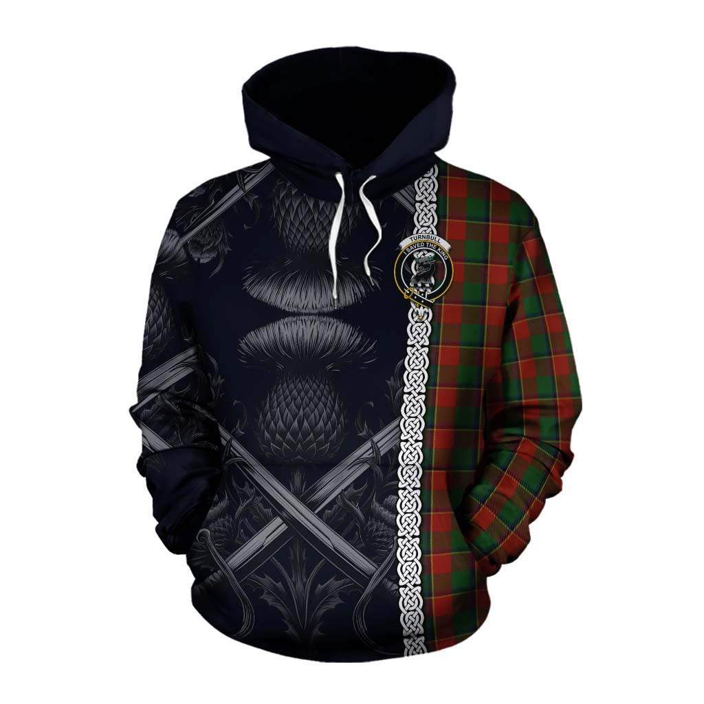 Tartan Vibes Clothing Turnbull Tartan Cotton Hoodie with Family Crest Cross Sword Thistle Celtic Vibes