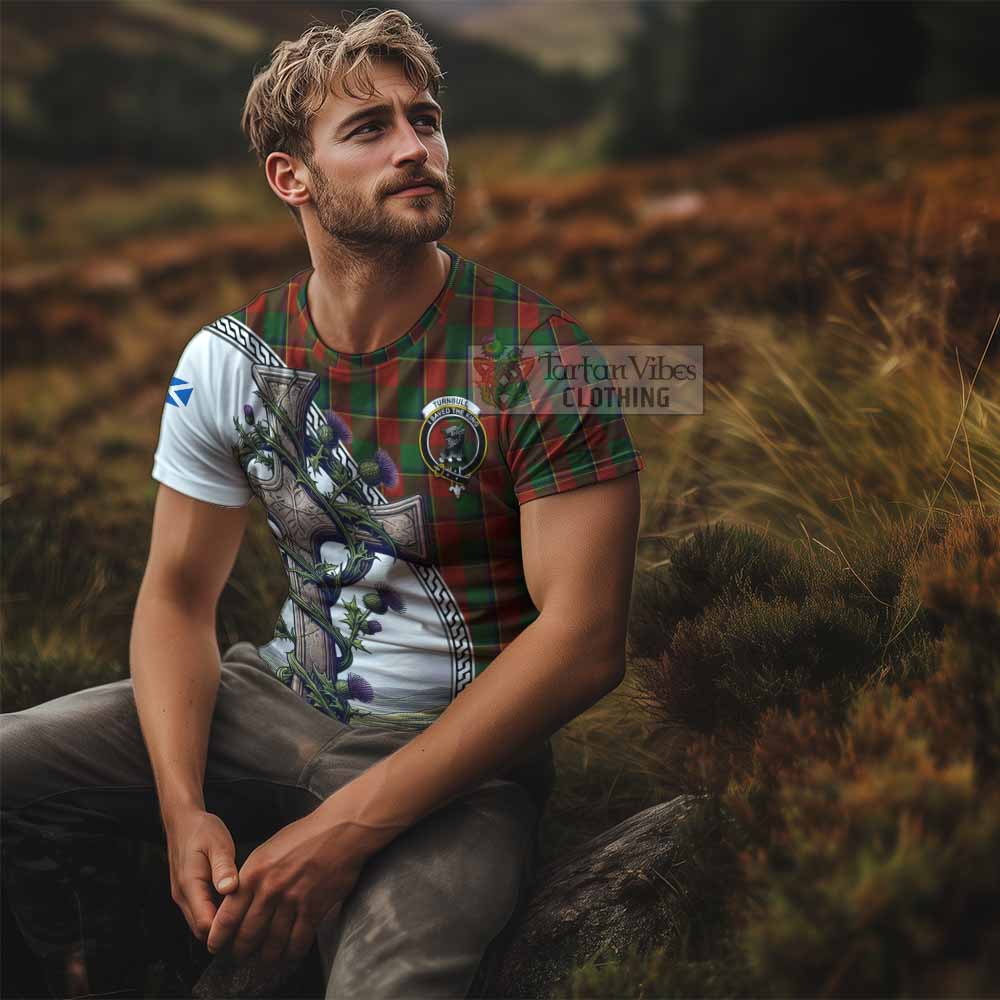 Tartan Vibes Clothing Turnbull Agnew Tartan T-Shirt with Family Crest and St. Andrew's Cross Accented by Thistle Vines