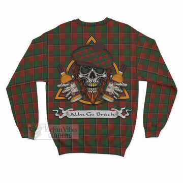 Turnbull Tartan Sweatshirt with Family Crest and Bearded Skull Holding Bottles of Whiskey