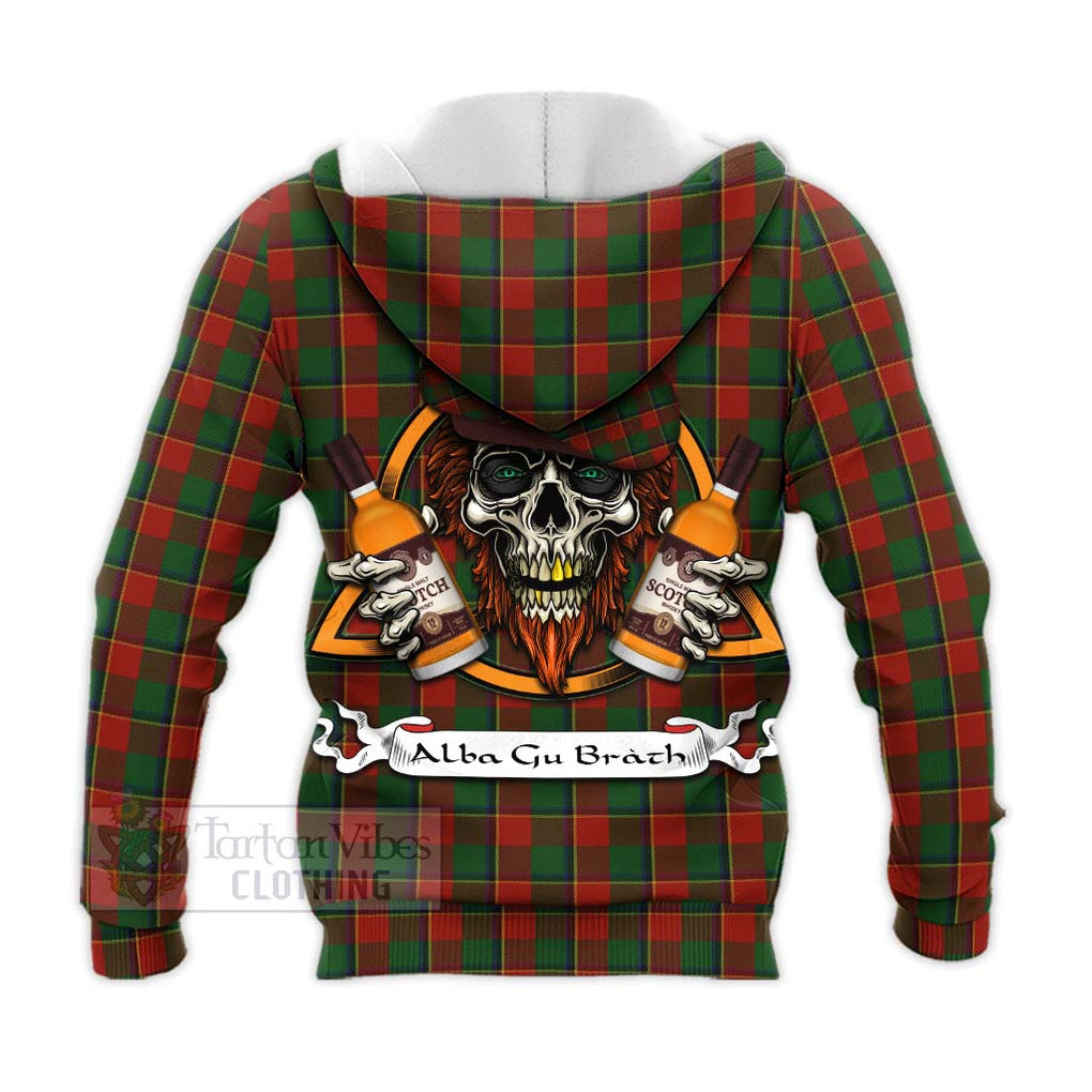 Tartan Vibes Clothing Turnbull Tartan Knitted Hoodie with Family Crest and Bearded Skull Holding Bottles of Whiskey