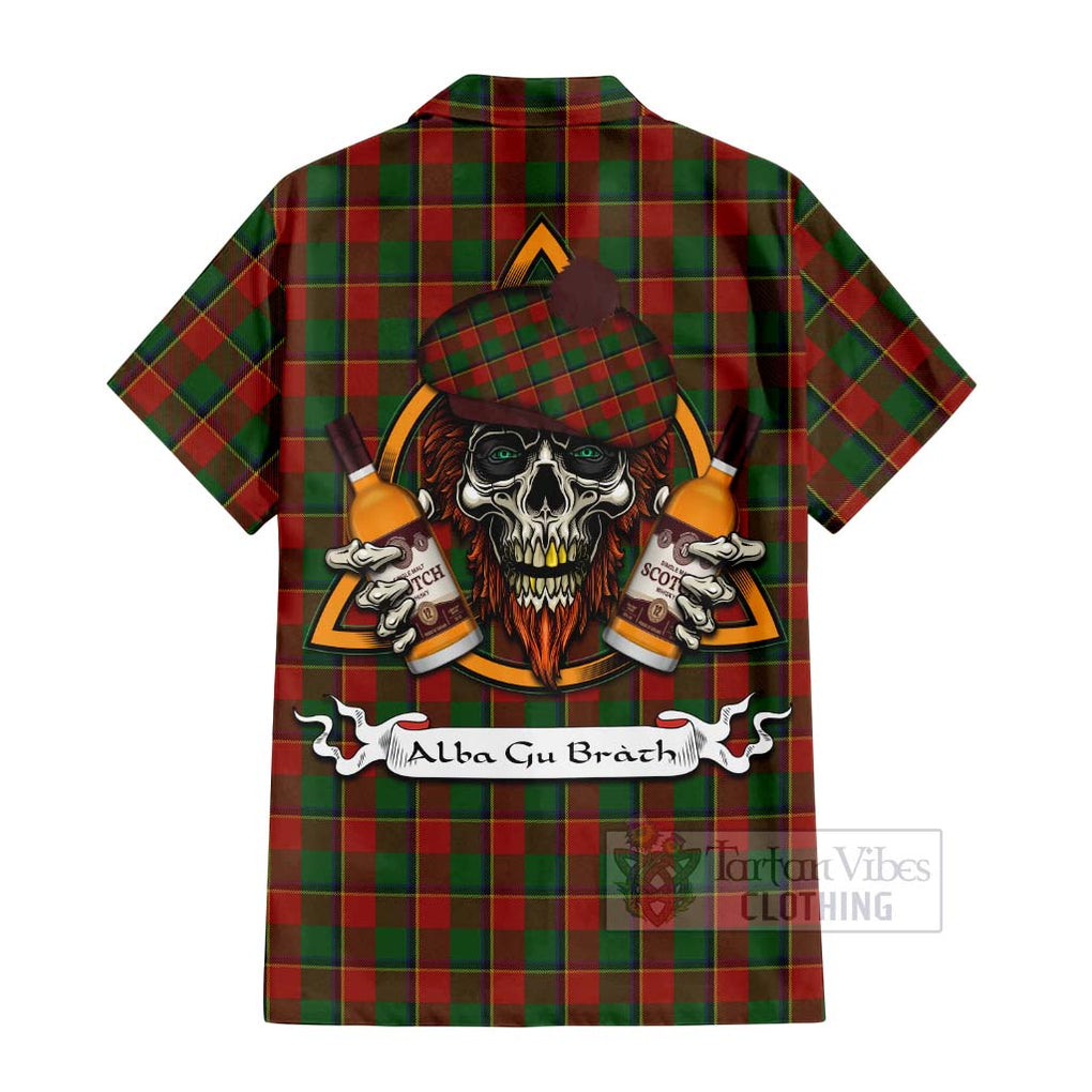 Tartan Vibes Clothing Turnbull Tartan Short Sleeve Button Shirt with Family Crest and Bearded Skull Holding Bottles of Whiskey