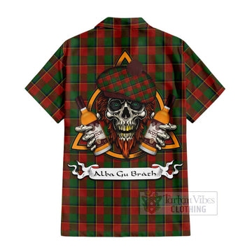 Turnbull Tartan Short Sleeve Button Shirt with Family Crest and Bearded Skull Holding Bottles of Whiskey