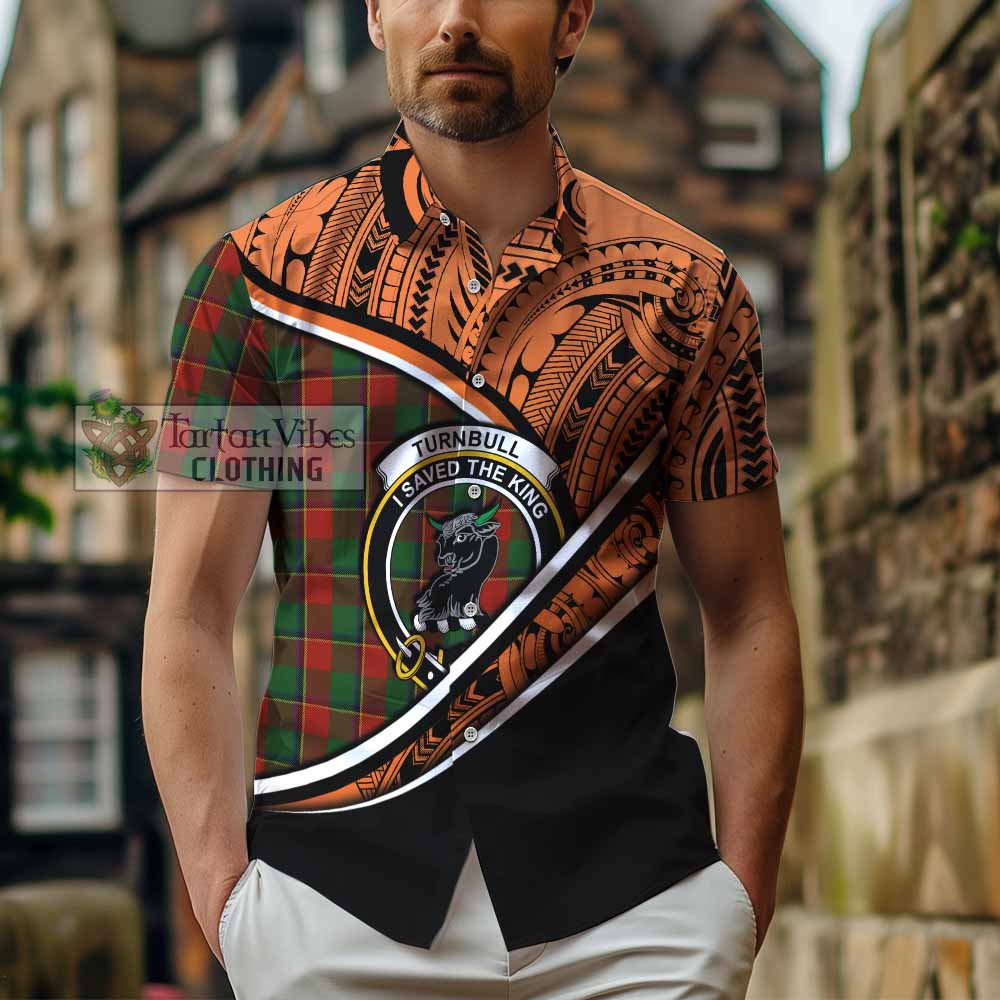 Tartan Vibes Clothing Turnbull Crest Tartan Short Sleeve Button Shirt with Maori Tattoo Style - Orange Version