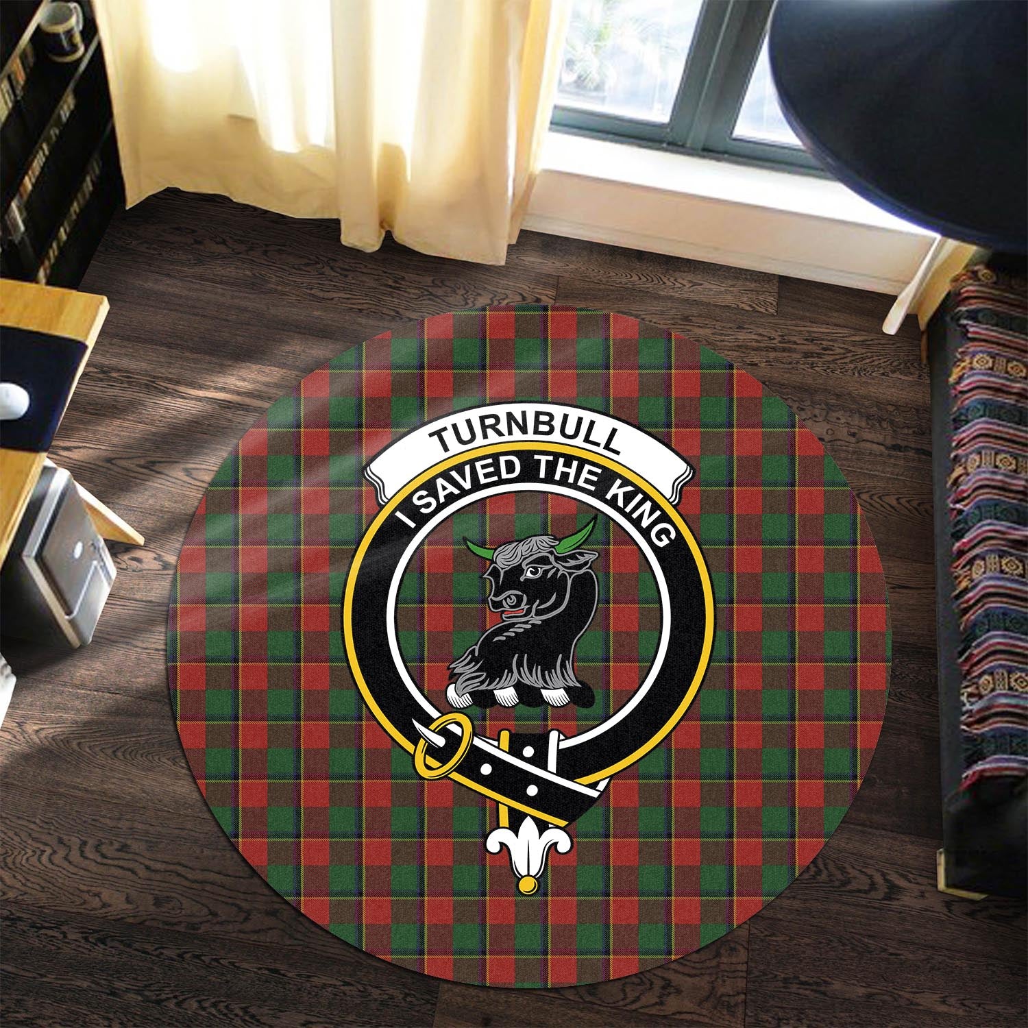 turnbull-dress-tartan-round-rug-with-family-crest