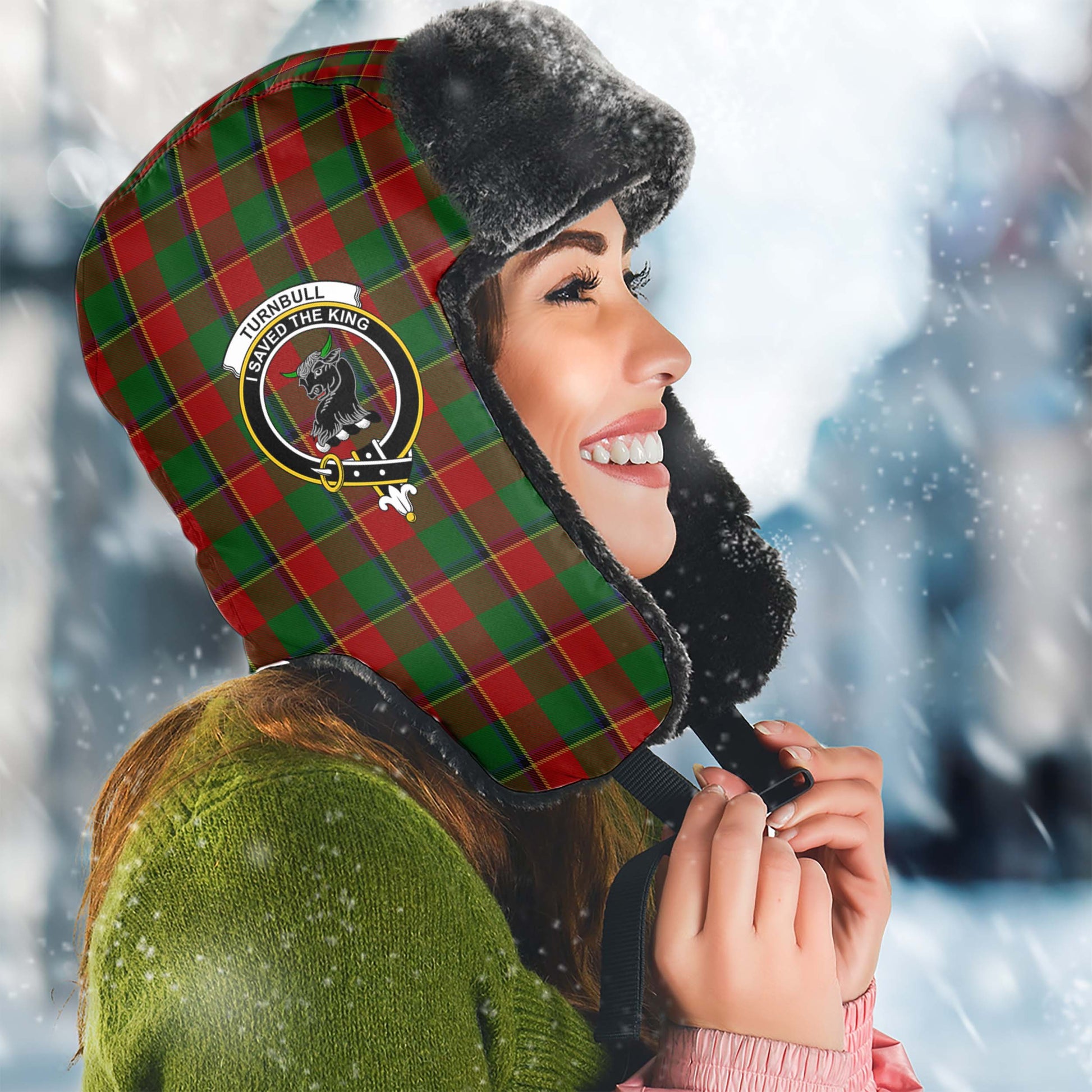 Turnbull Dress Tartan Winter Trapper Hat with Family Crest Winter Trapper Hat Universal Fit Circumference 22.8in (58cm) - Tartanvibesclothing