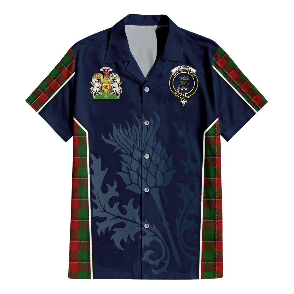 Tartan Vibes Clothing Turnbull Dress Tartan Short Sleeve Button Up Shirt with Family Crest and Scottish Thistle Vibes Sport Style