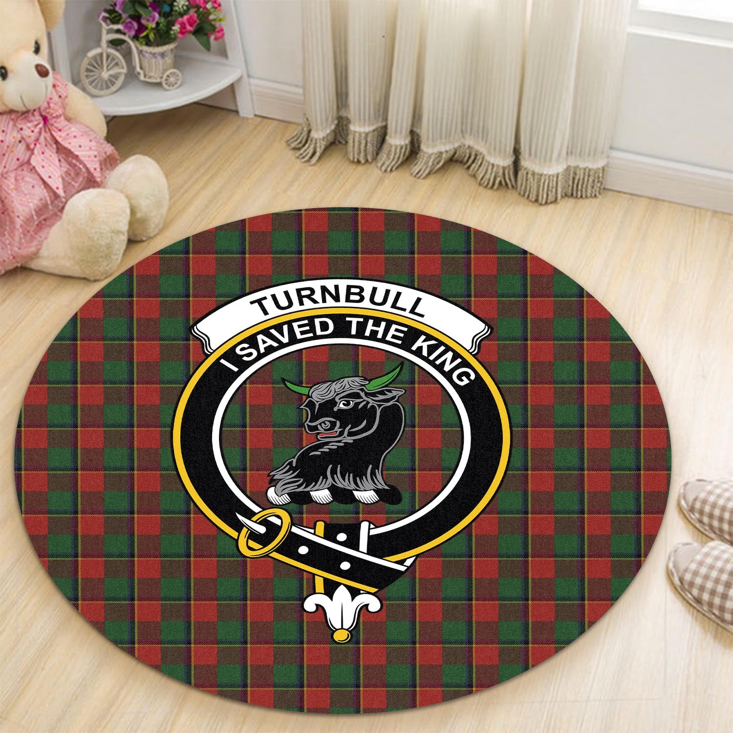 turnbull-dress-tartan-round-rug-with-family-crest