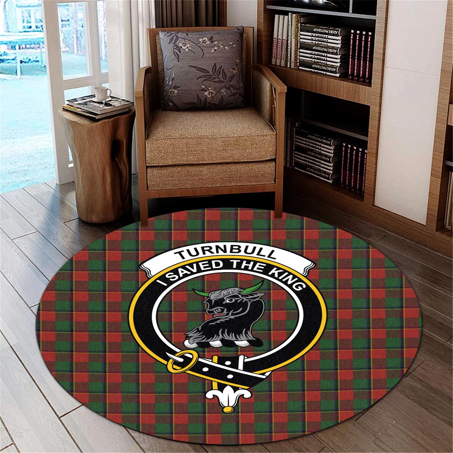 turnbull-dress-tartan-round-rug-with-family-crest