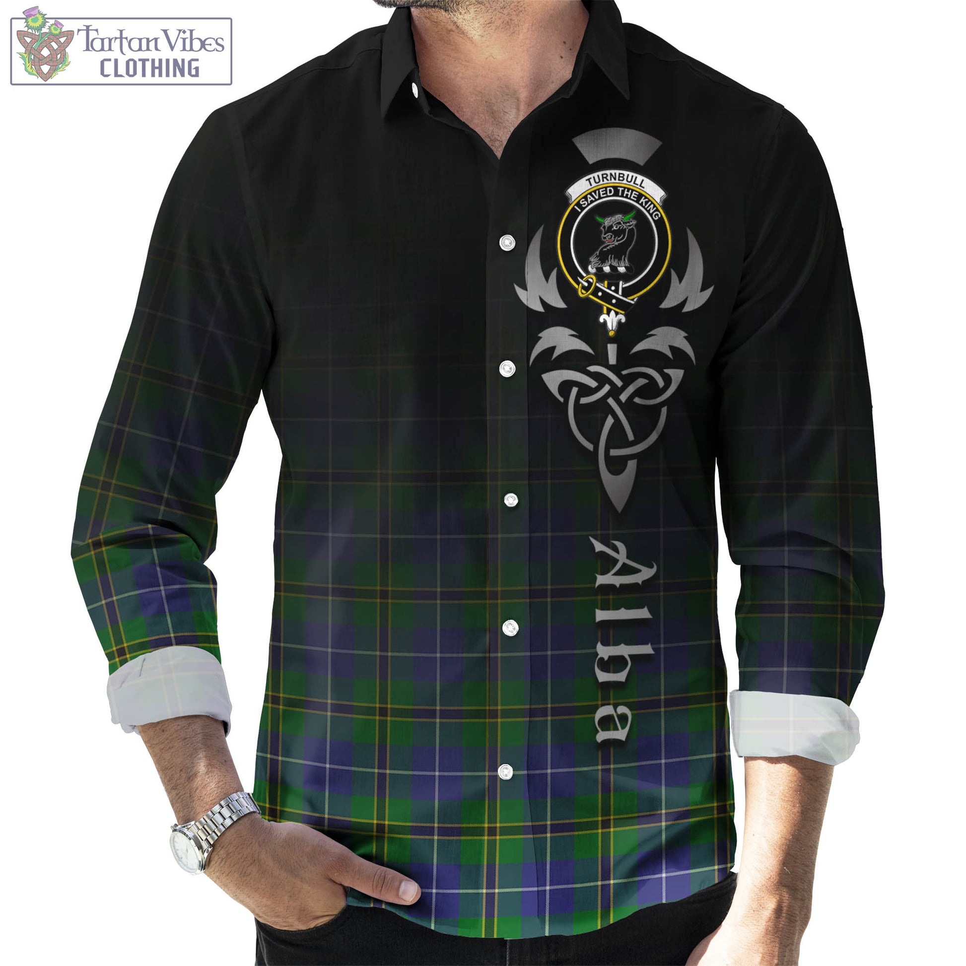 Tartan Vibes Clothing Turnbull Hunting Tartan Long Sleeve Button Up Featuring Alba Gu Brath Family Crest Celtic Inspired