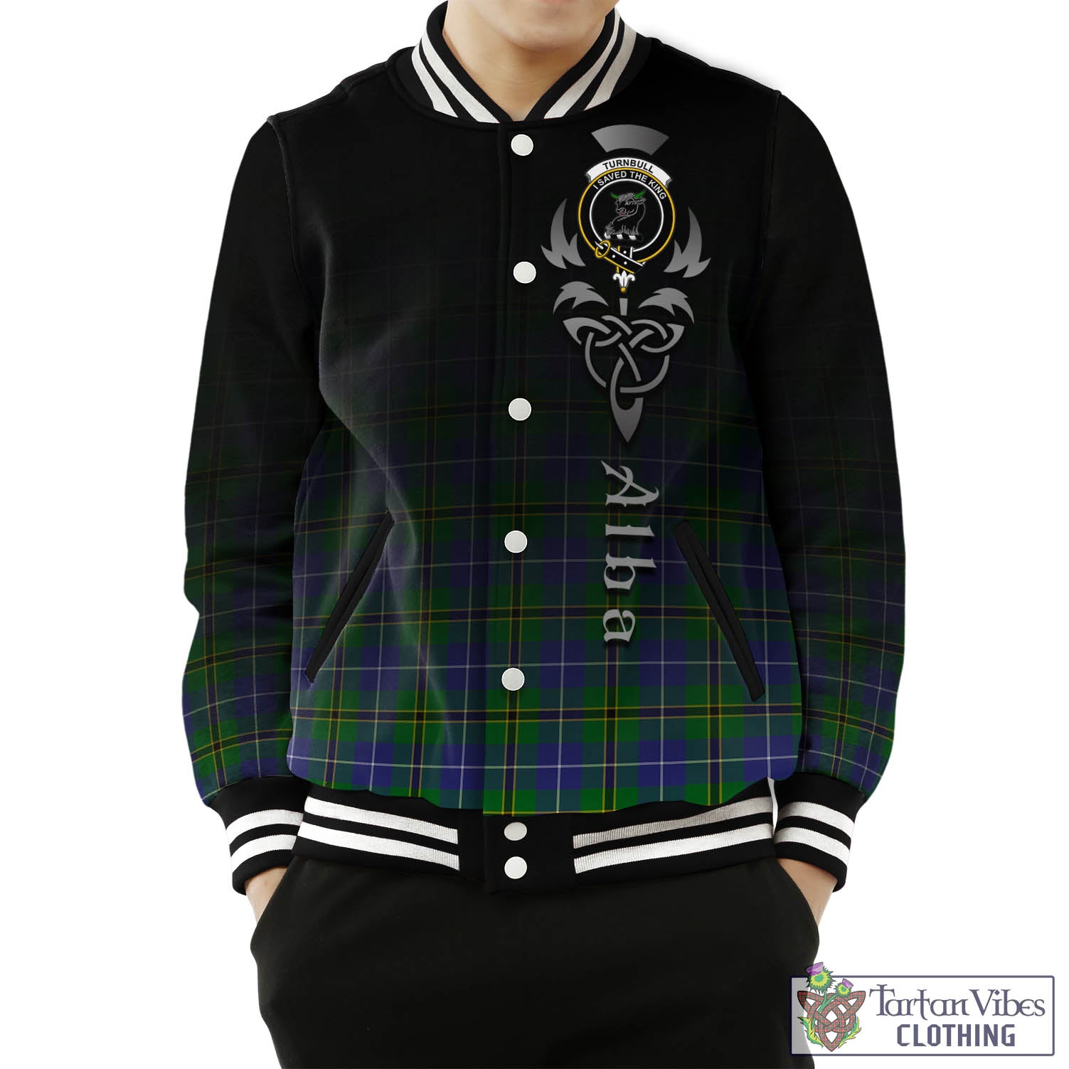 Tartan Vibes Clothing Turnbull Hunting Tartan Baseball Jacket Featuring Alba Gu Brath Family Crest Celtic Inspired