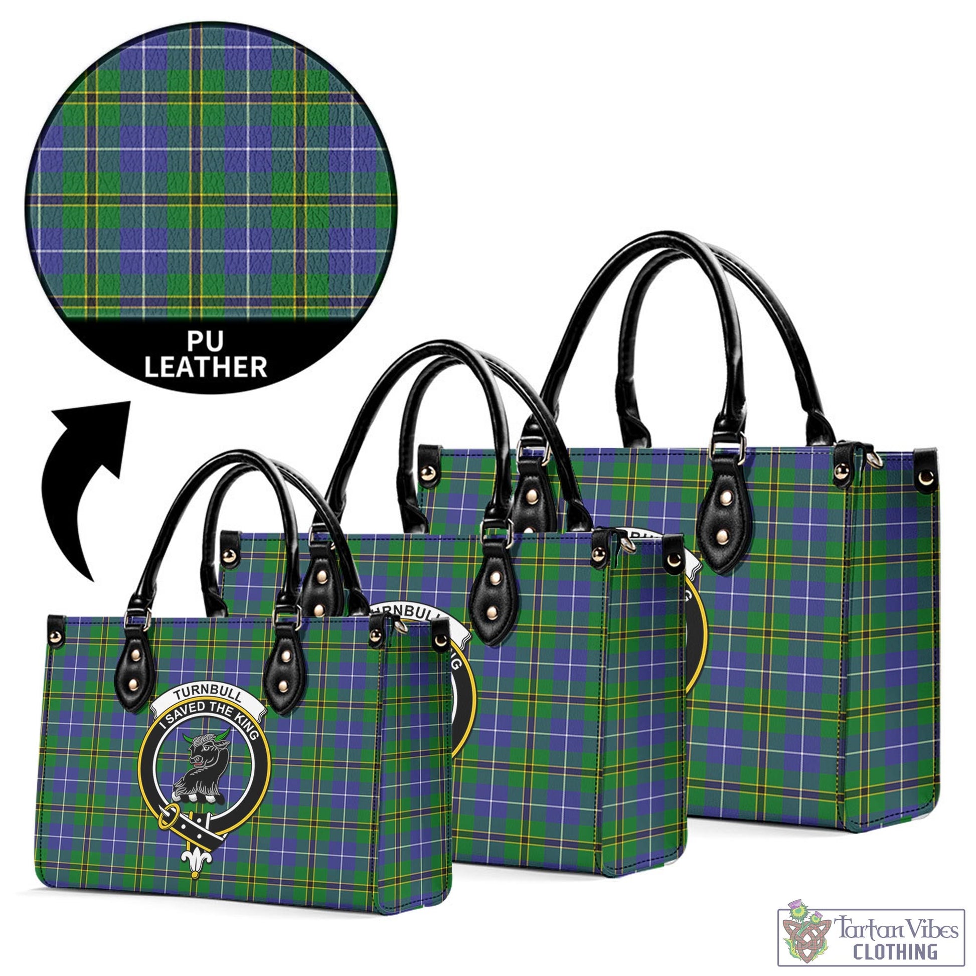 Tartan Vibes Clothing Turnbull Hunting Tartan Luxury Leather Handbags with Family Crest