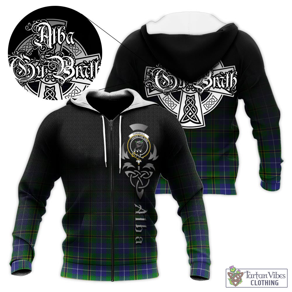 Tartan Vibes Clothing Turnbull Hunting Tartan Knitted Hoodie Featuring Alba Gu Brath Family Crest Celtic Inspired