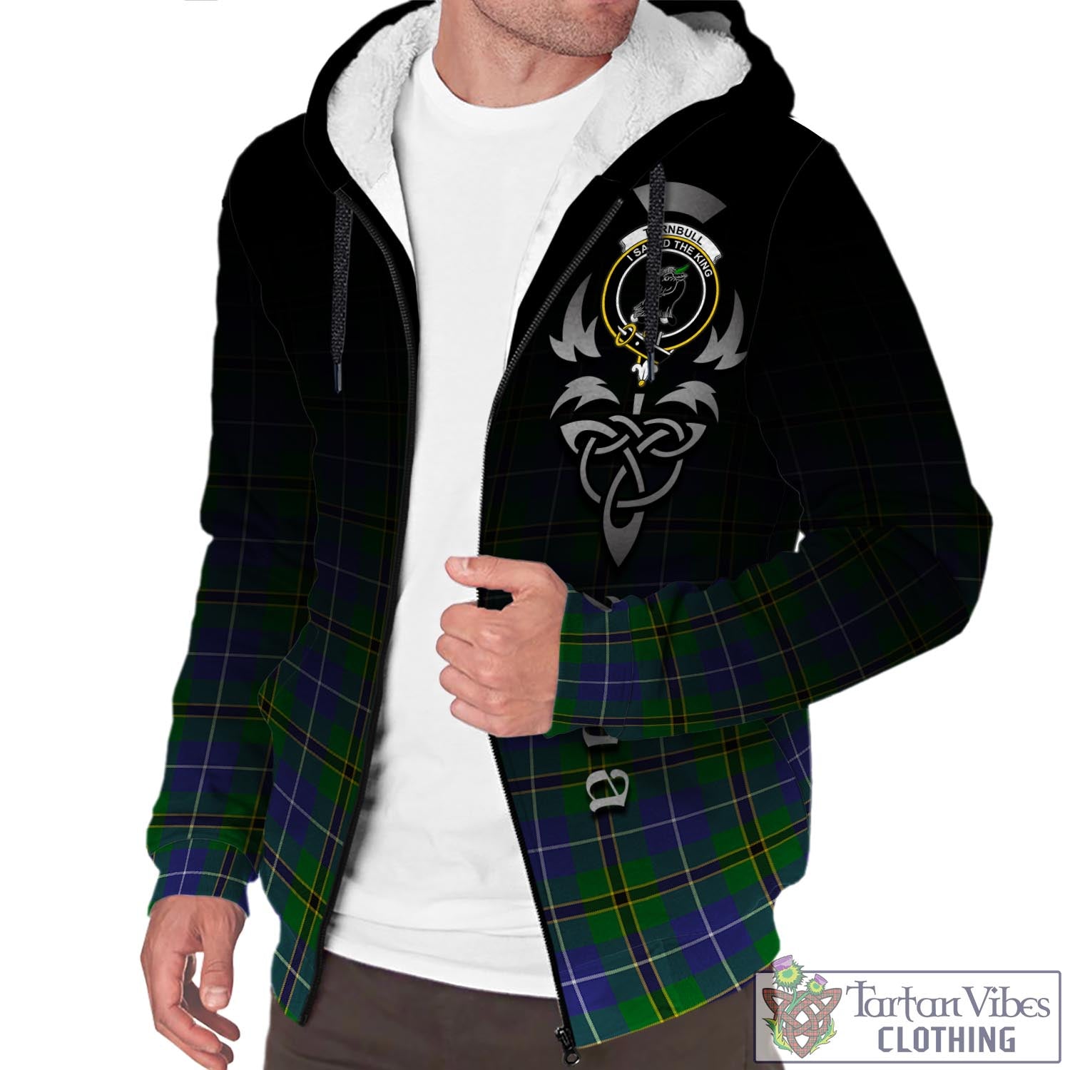Tartan Vibes Clothing Turnbull Hunting Tartan Sherpa Hoodie Featuring Alba Gu Brath Family Crest Celtic Inspired