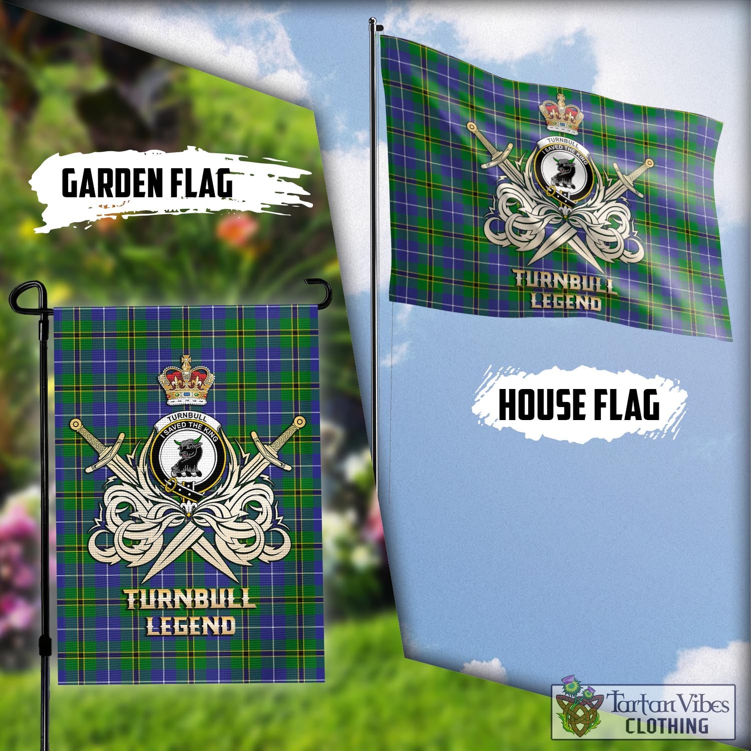 Tartan Vibes Clothing Turnbull Hunting Tartan Flag with Clan Crest and the Golden Sword of Courageous Legacy