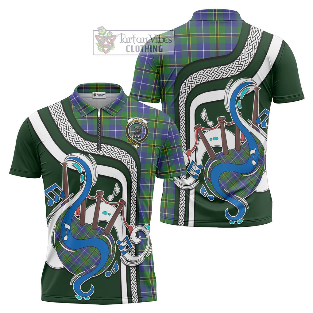 Turnbull Hunting Tartan Zipper Polo Shirt with Epic Bagpipe Style Unisex - Tartanvibesclothing Shop