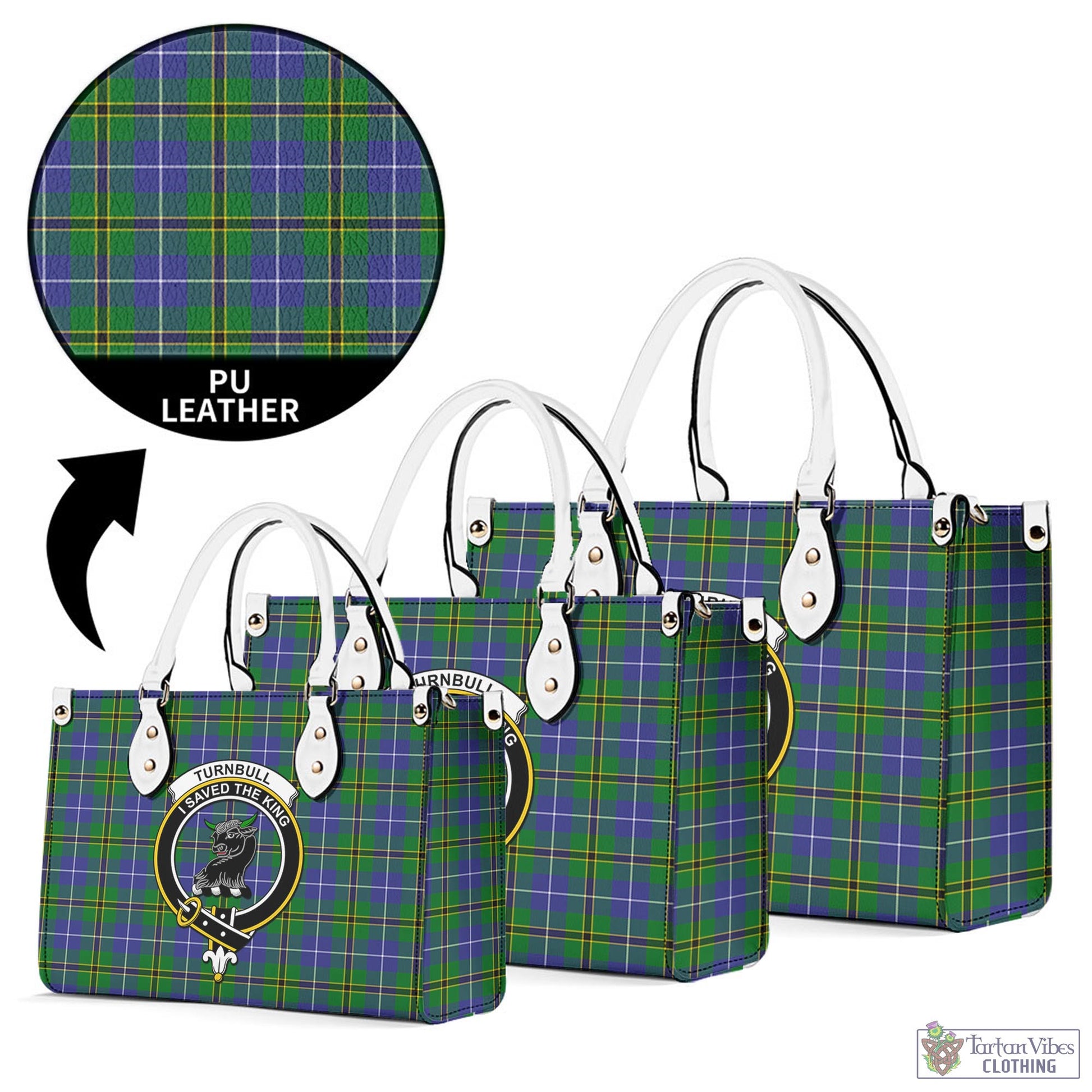 Tartan Vibes Clothing Turnbull Hunting Tartan Luxury Leather Handbags with Family Crest