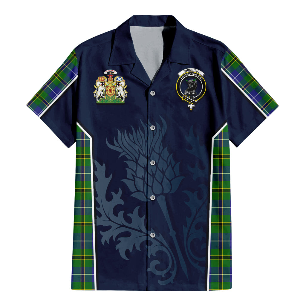 Tartan Vibes Clothing Turnbull Hunting Tartan Short Sleeve Button Up Shirt with Family Crest and Scottish Thistle Vibes Sport Style