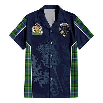 Turnbull Hunting Tartan Short Sleeve Button Up Shirt with Family Crest and Scottish Thistle Vibes Sport Style