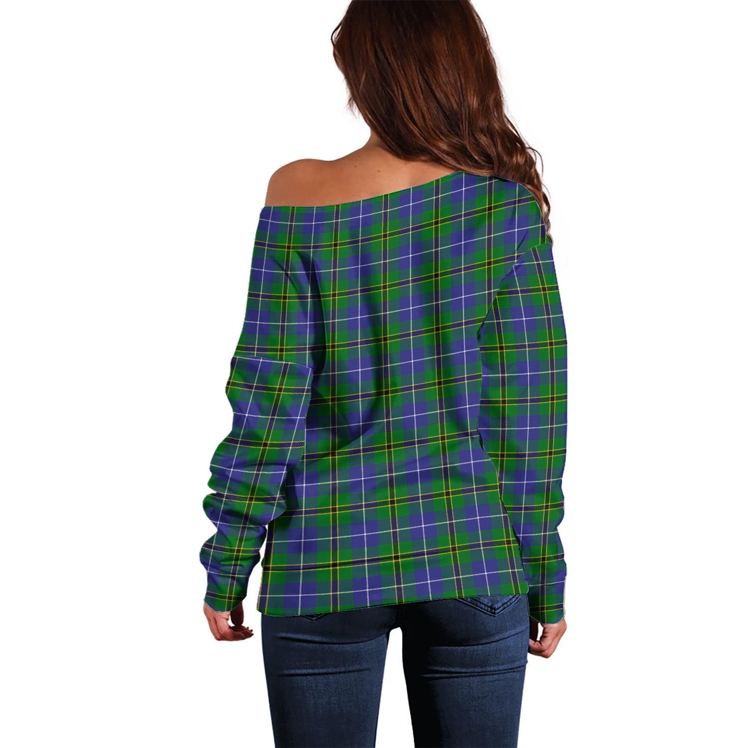 Turnbull Hunting Tartan Off Shoulder Women Sweater with Family Crest - Tartanvibesclothing Shop