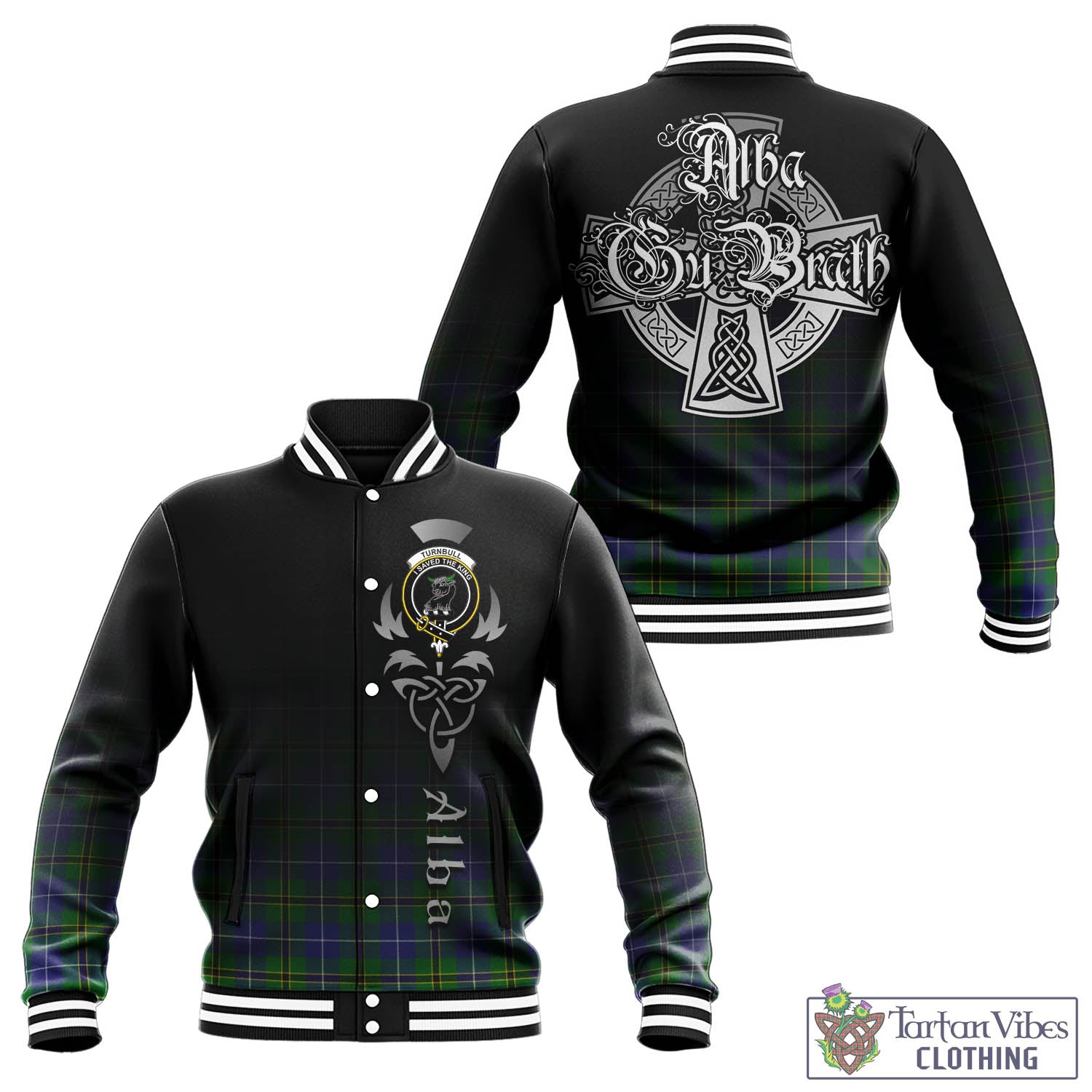 Tartan Vibes Clothing Turnbull Hunting Tartan Baseball Jacket Featuring Alba Gu Brath Family Crest Celtic Inspired