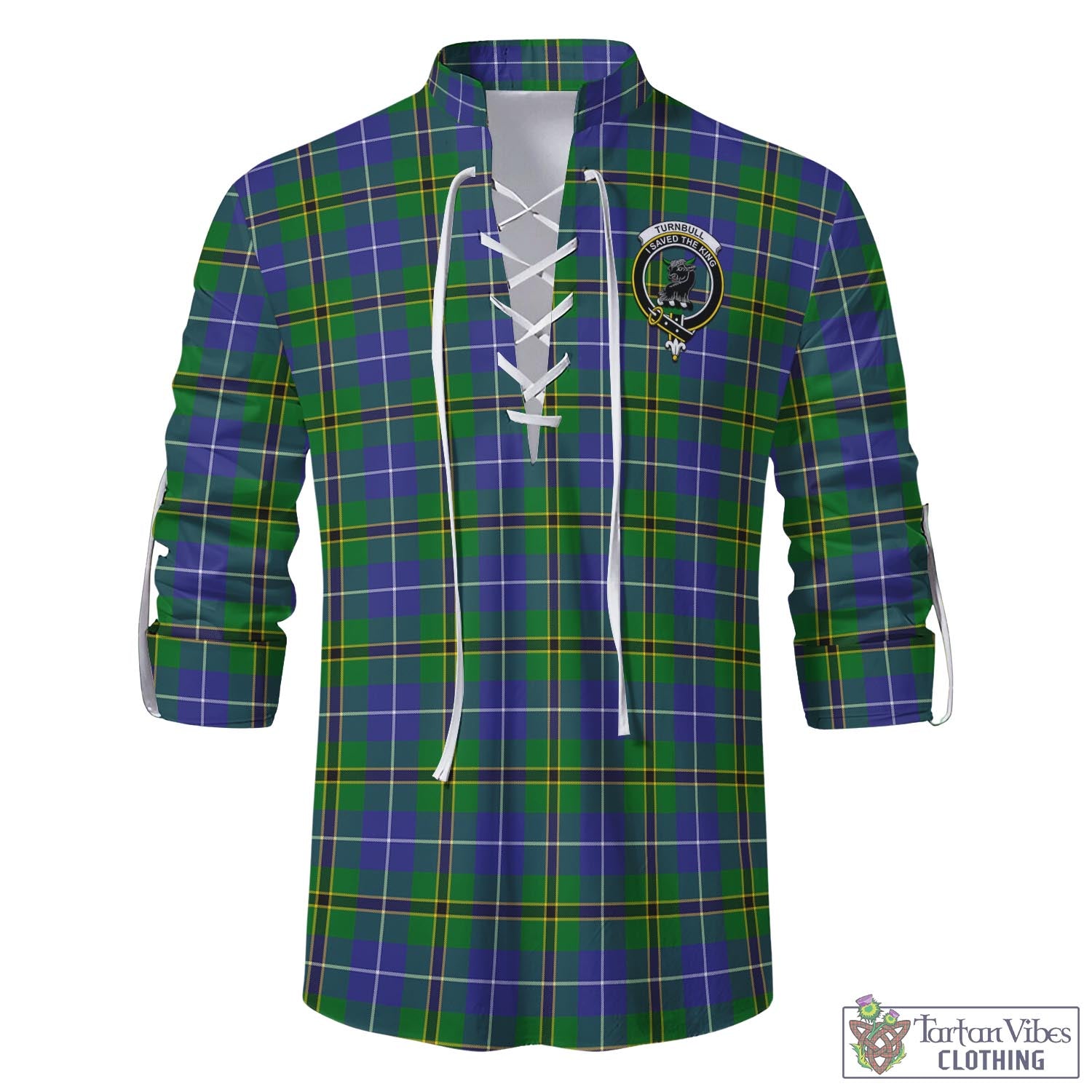 Tartan Vibes Clothing Turnbull Hunting Tartan Men's Scottish Traditional Jacobite Ghillie Kilt Shirt with Family Crest