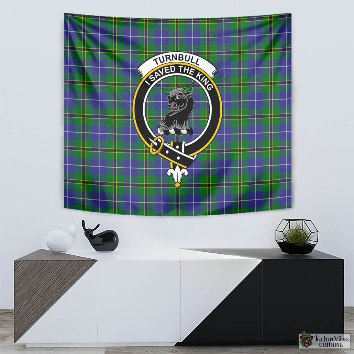 Tartan Vibes Clothing Turnbull Hunting Tartan Tapestry Wall Hanging and Home Decor for Room with Family Crest