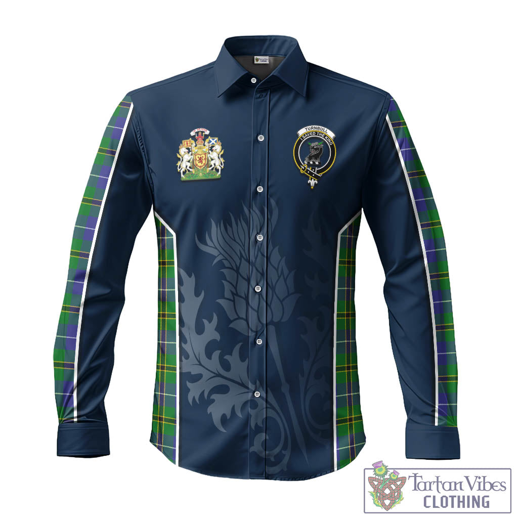 Tartan Vibes Clothing Turnbull Hunting Tartan Long Sleeve Button Up Shirt with Family Crest and Scottish Thistle Vibes Sport Style