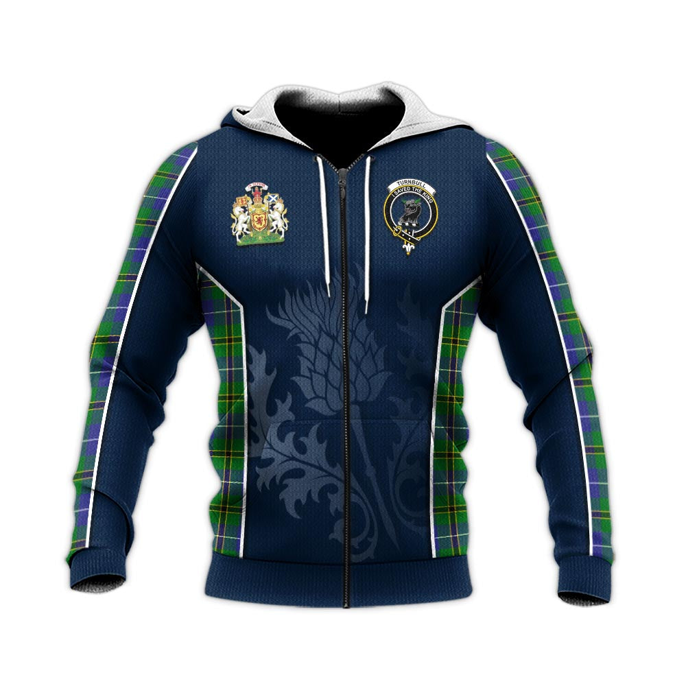 Tartan Vibes Clothing Turnbull Hunting Tartan Knitted Hoodie with Family Crest and Scottish Thistle Vibes Sport Style