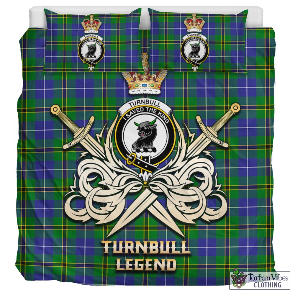 Tartan Vibes Clothing Turnbull Hunting Tartan Bedding Set with Clan Crest and the Golden Sword of Courageous Legacy