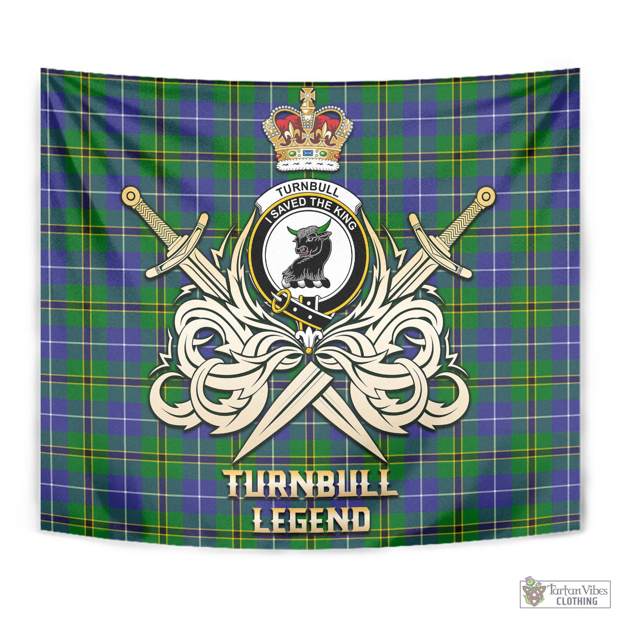 Tartan Vibes Clothing Turnbull Hunting Tartan Tapestry with Clan Crest and the Golden Sword of Courageous Legacy