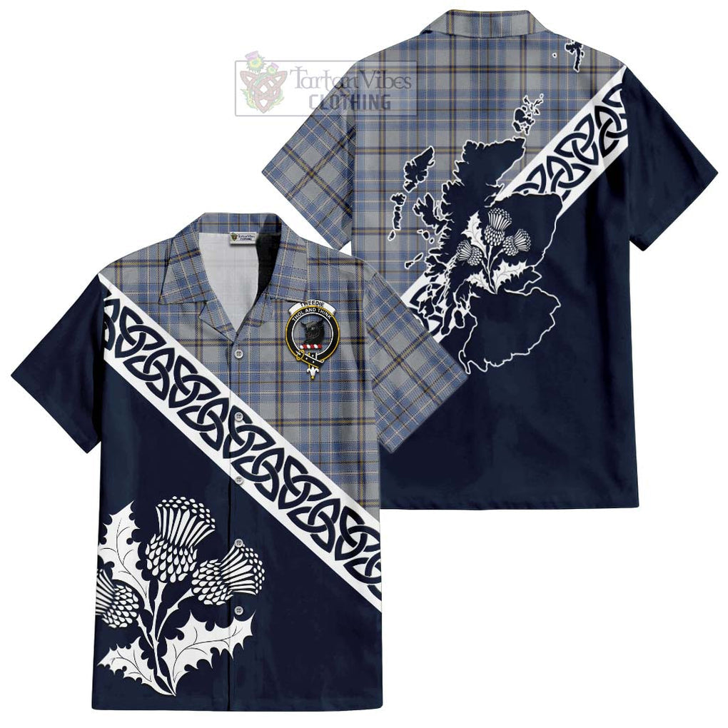 Tartan Vibes Clothing Tweedie Tartan Short Sleeve Button Shirt Featuring Thistle and Scotland Map