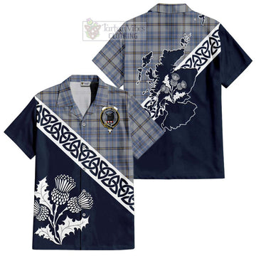 Tweedie Tartan Short Sleeve Button Shirt Featuring Thistle and Scotland Map