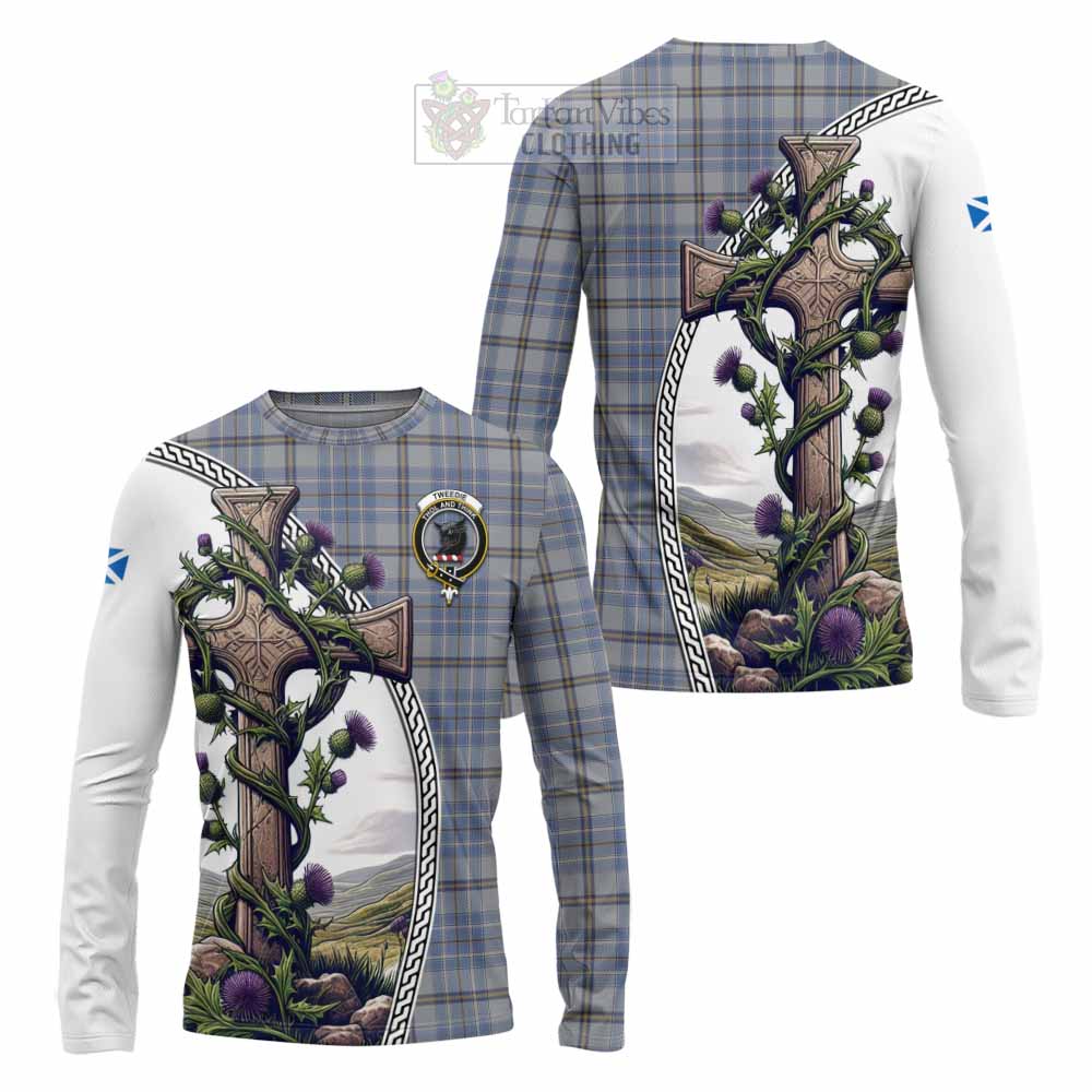 Tartan Vibes Clothing Tweedie Tartan Long Sleeve T-Shirt with Family Crest and St. Andrew's Cross Accented by Thistle Vines