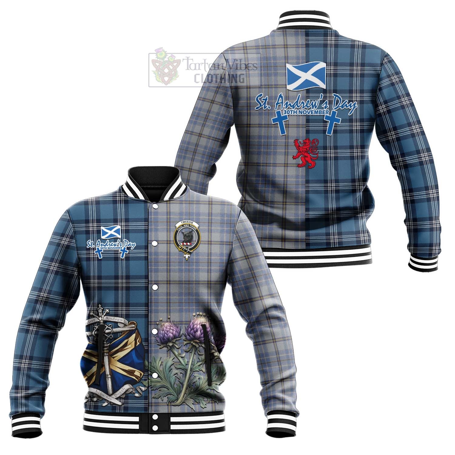 Tartan Vibes Clothing Tweedie Tartan Baseball Jacket Happy St. Andrew's Day Half Tartan Style