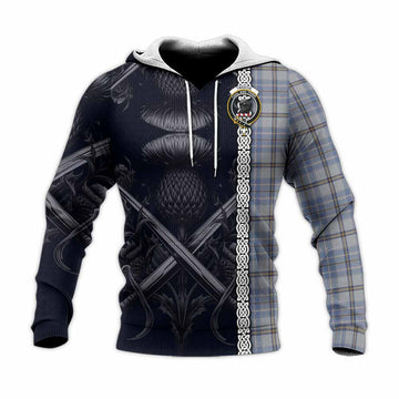 Tweedie Tartan Knitted Hoodie with Family Crest Cross Sword Thistle Celtic Vibes