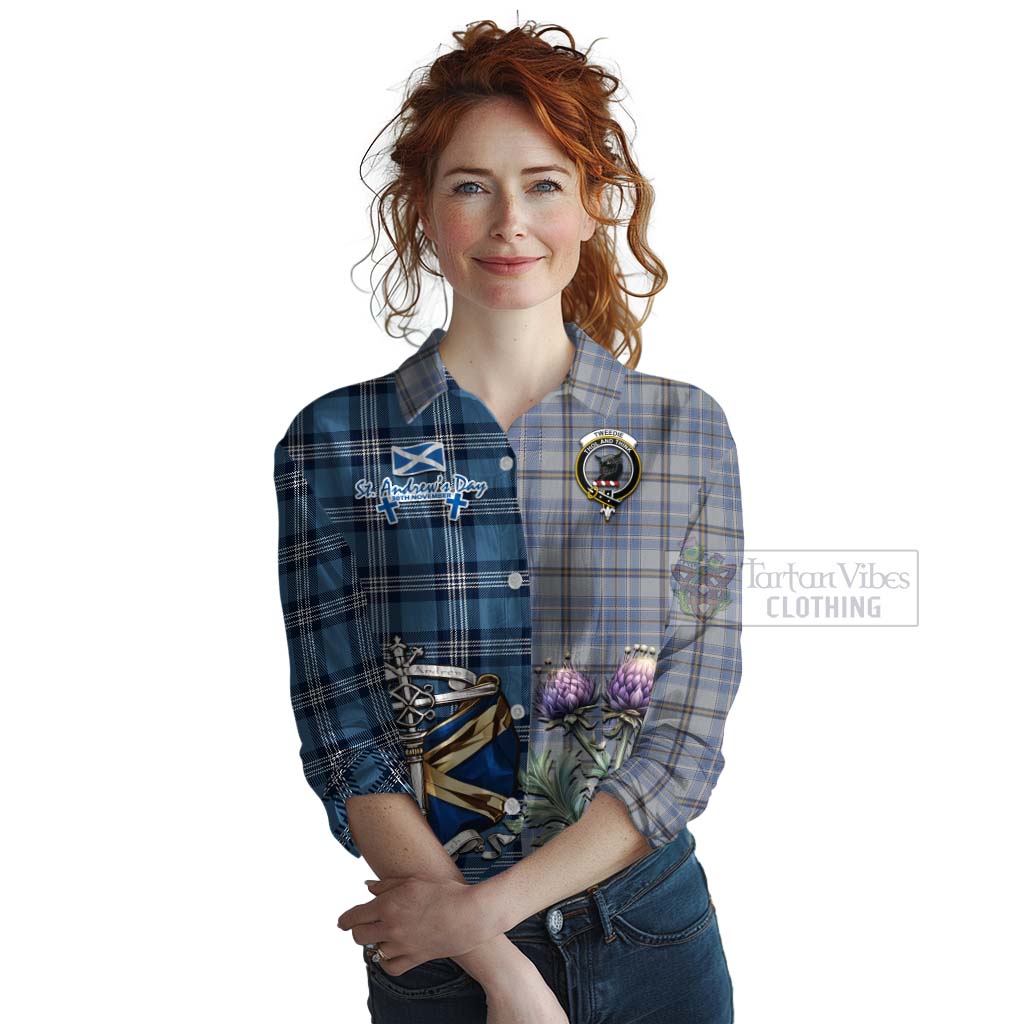 Tartan Vibes Clothing Tweedie Tartan Women's Casual Shirt Happy St. Andrew's Day Half Tartan Style