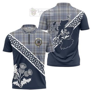 Tweedie Tartan Zipper Polo Shirt Featuring Thistle and Scotland Map