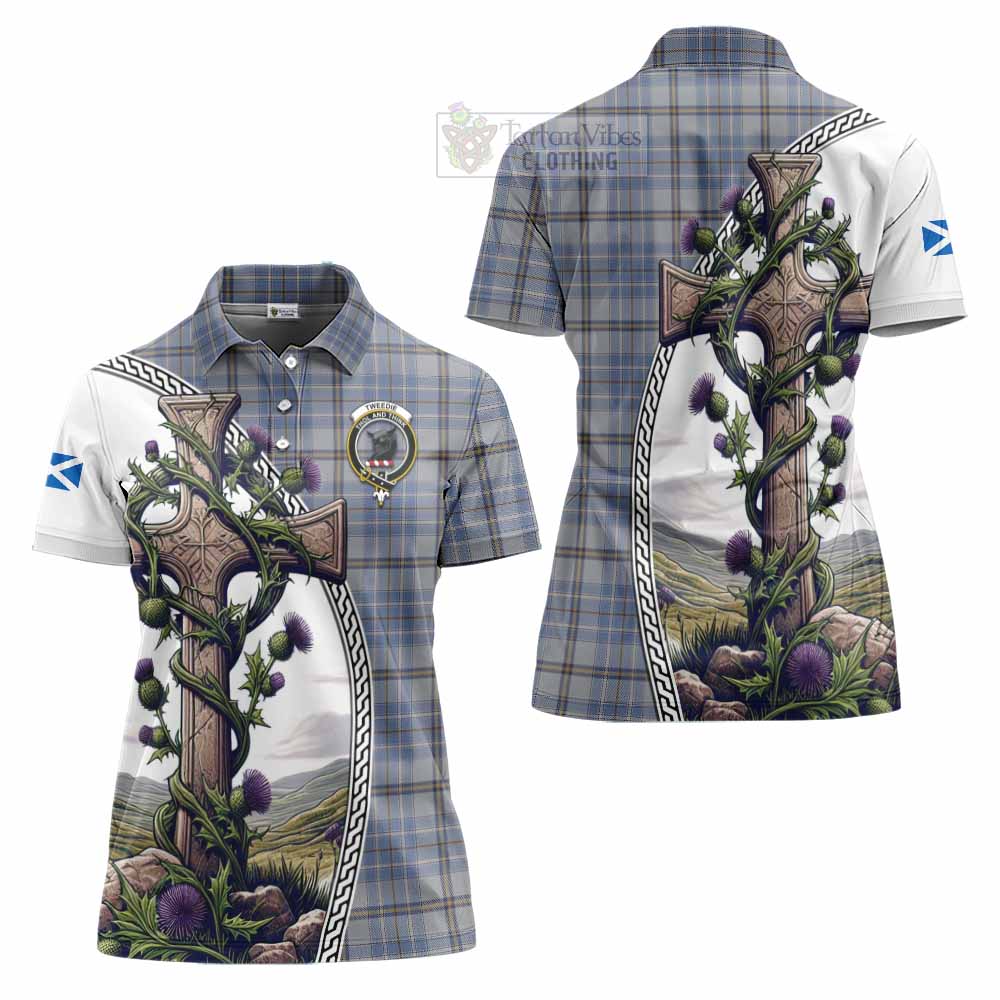 Tartan Vibes Clothing Tweedie Tartan Women's Polo Shirt with Family Crest and St. Andrew's Cross Accented by Thistle Vines