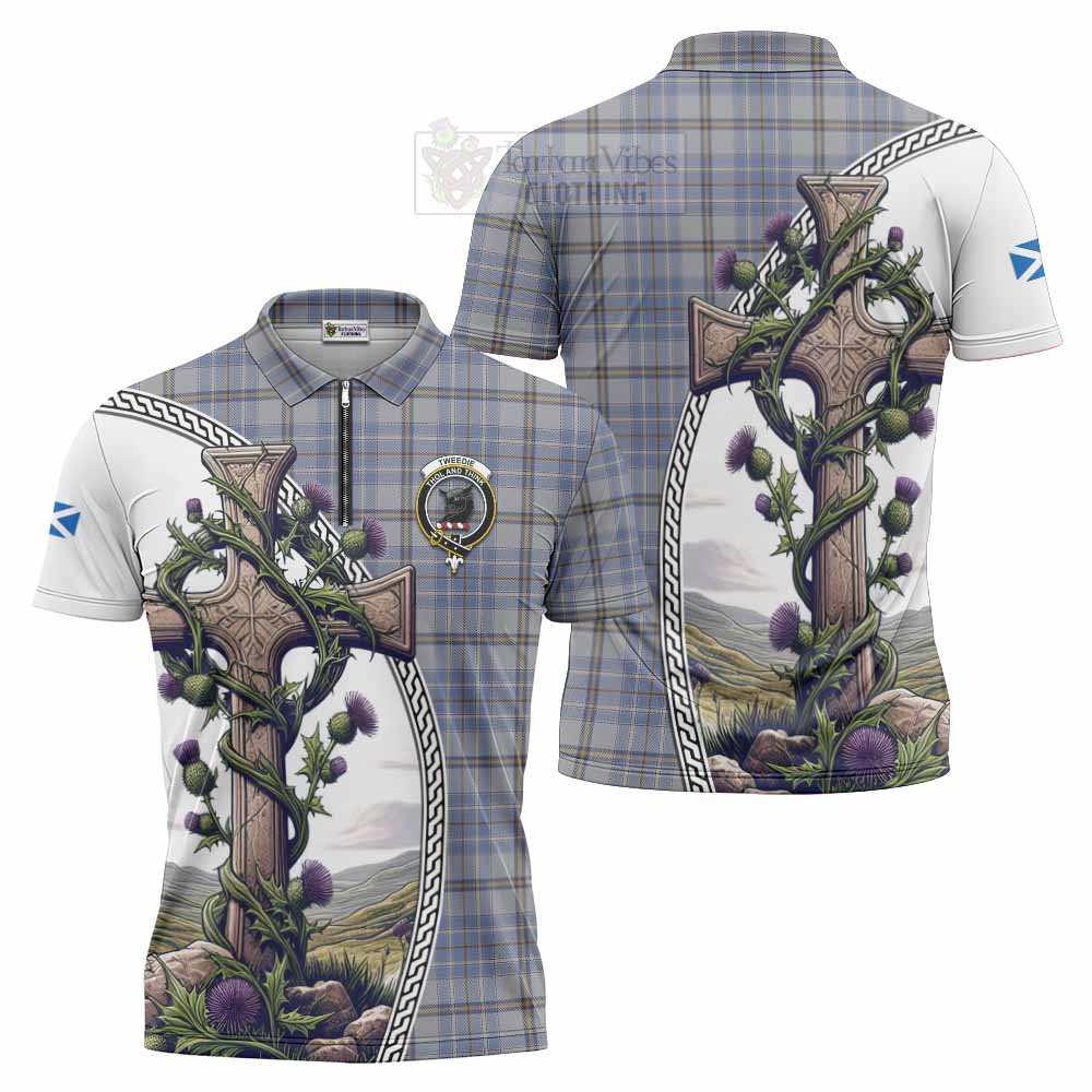 Tartan Vibes Clothing Tweedie Tartan Zipper Polo Shirt with Family Crest and St. Andrew's Cross Accented by Thistle Vines