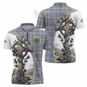 Tweedie Tartan Zipper Polo Shirt with Family Crest and St. Andrew's Cross Accented by Thistle Vines