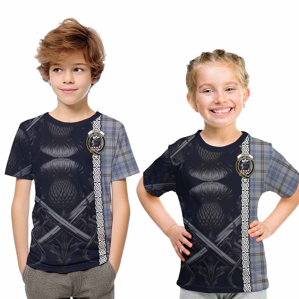 Tartan Vibes Clothing Tweedie Tartan Kid T-Shirt with Family Crest Cross Sword Thistle Celtic Vibes