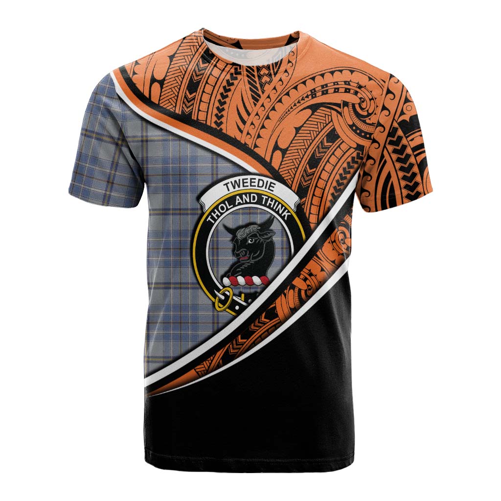 Tartan Vibes Clothing Tweedie Crest Tartan Cotton T-shirt with Maori Tattoo Style - Orange Version