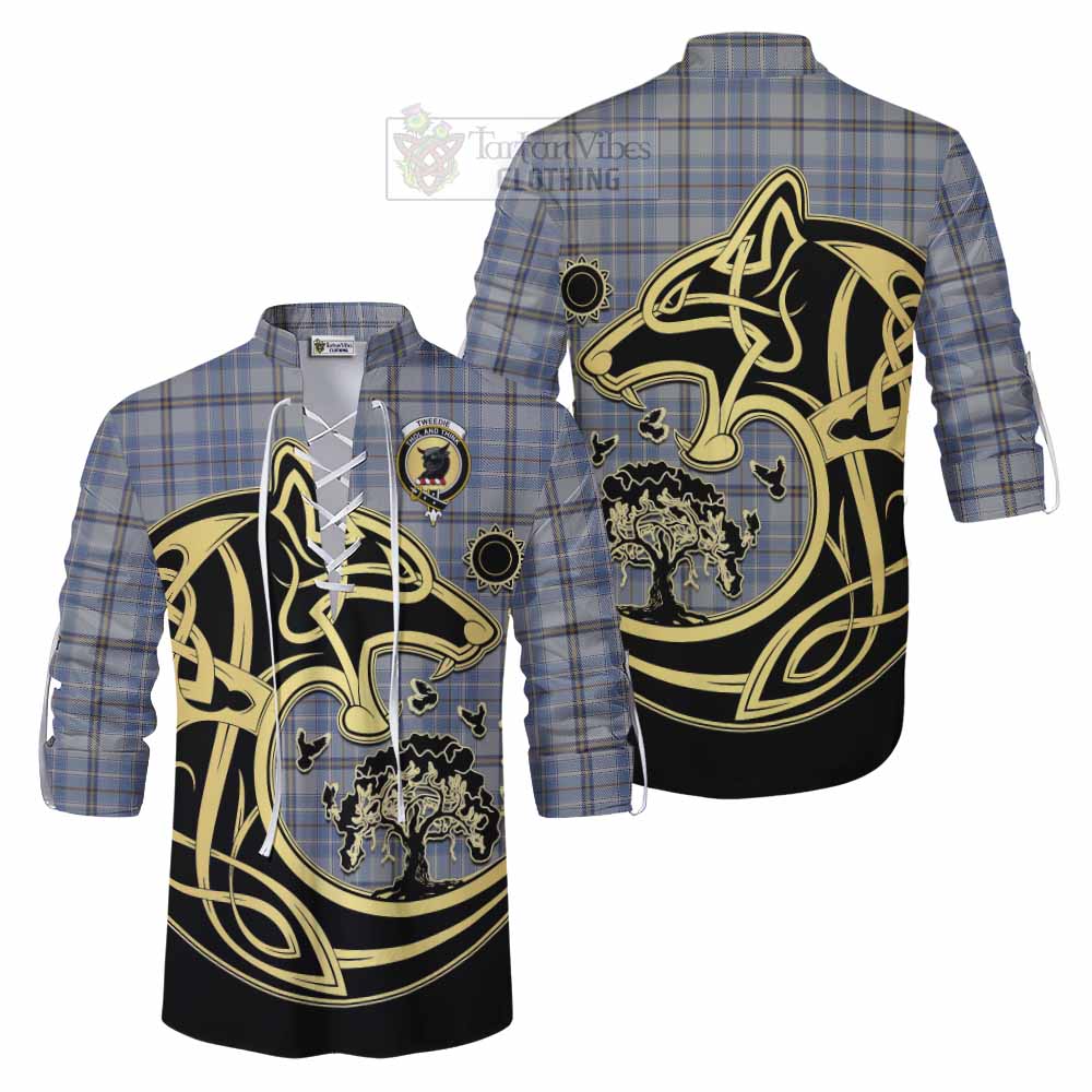 Tartan Vibes Clothing Tweedie Tartan Ghillie Kilt Shirt with Family Crest Celtic Wolf Style