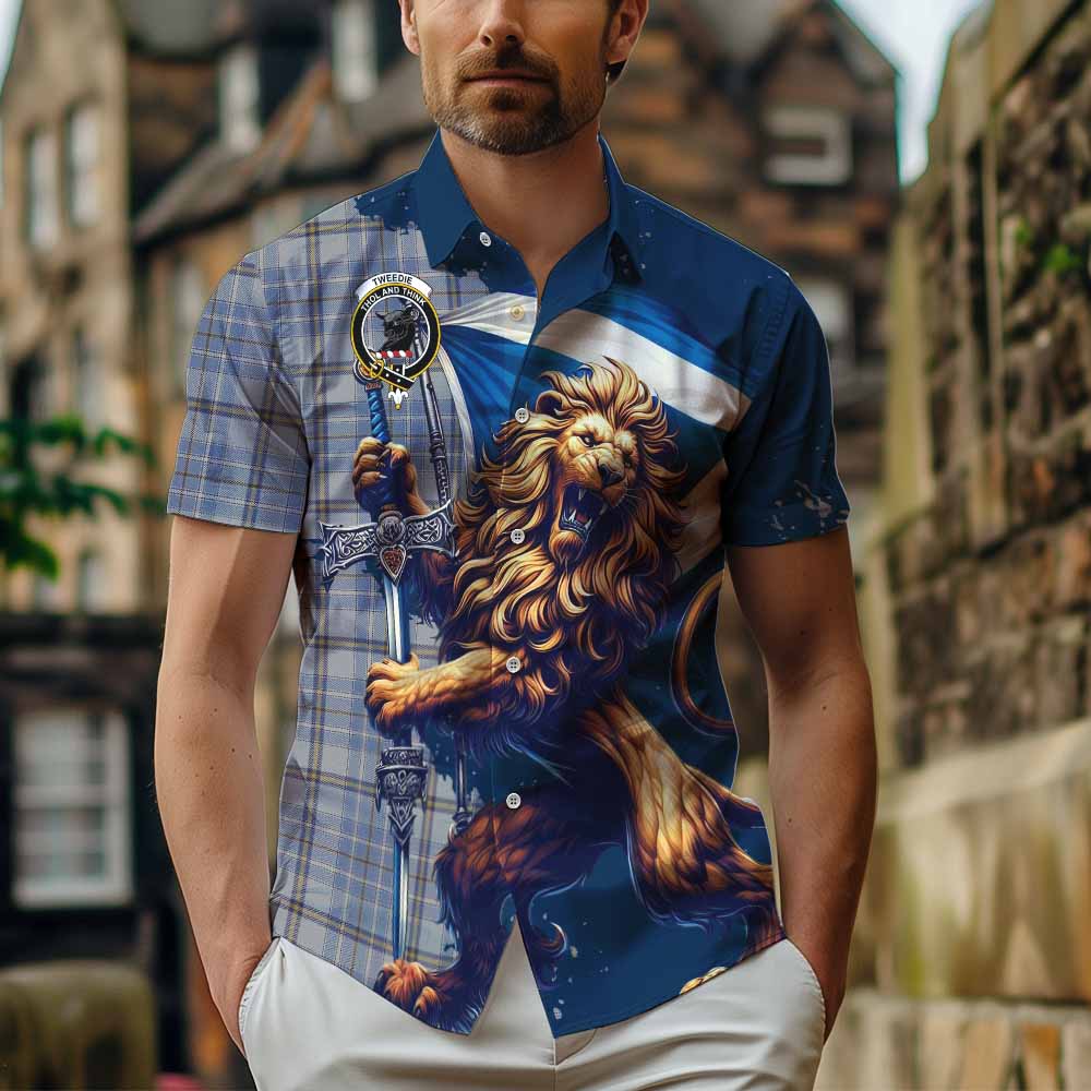 Tartan Vibes Clothing Tweedie Tartan Family Crest Short Sleeve Button Shirt with Scottish Majestic Lion