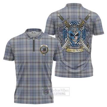 Tweedie Tartan Zipper Polo Shirt with Family Crest Celtic Skull Style