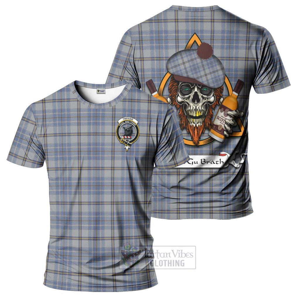 Tartan Vibes Clothing Tweedie Tartan T-Shirt with Family Crest and Bearded Skull Holding Bottles of Whiskey